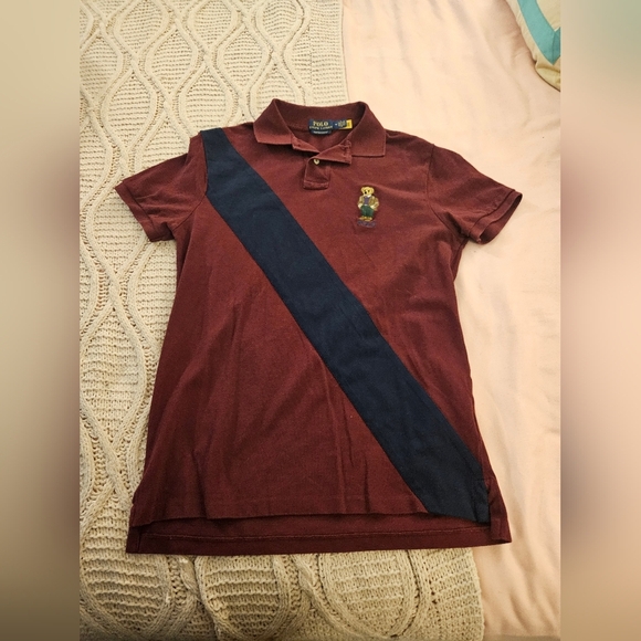 Ralph Lauren Polo Shirt with Navy Stripe Bear Logo Size M - Picture 1 of 5